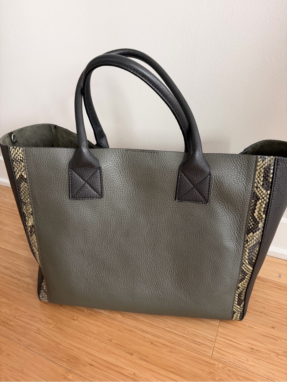 M. Gemi Olive Green Pebbled Tote with Black Handles and Snake-Trim Accents